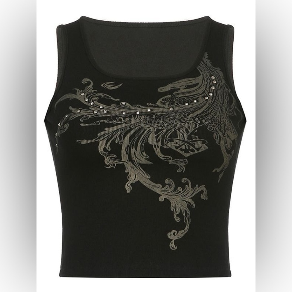 Rhinestone Detail Baroque Print Crop Tank Top